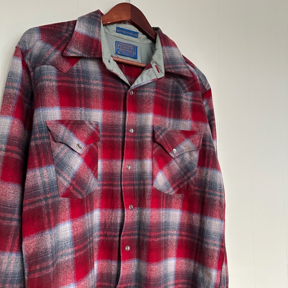 Vintage 70s Pendleton Western Pearl Snap Wool Shirt Size L Red Plaid